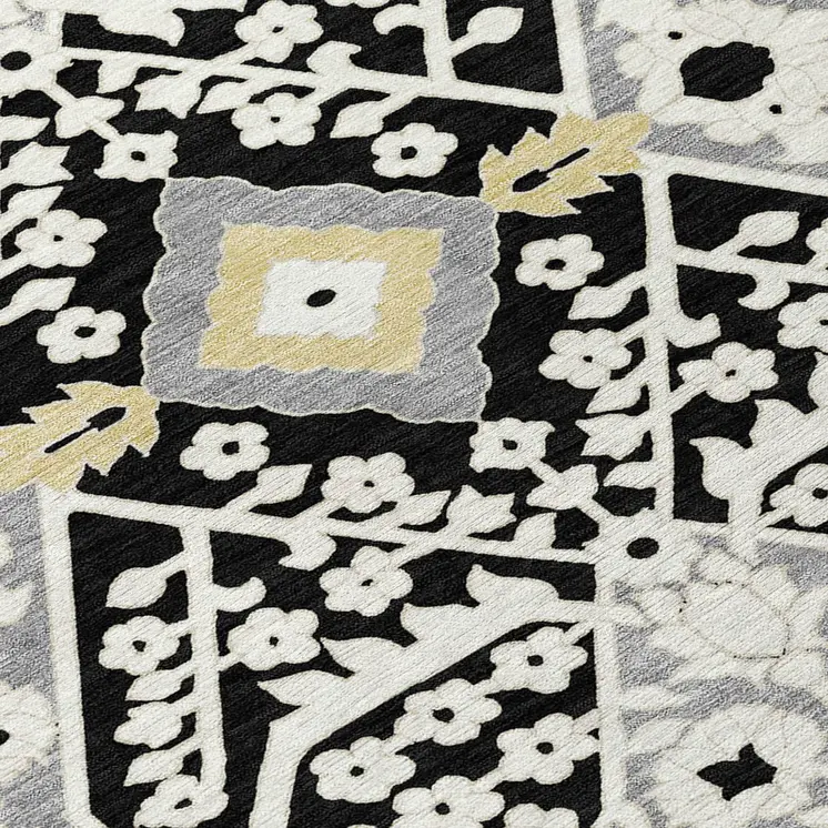 10' X 14' Black Gray And Gold Floral Washable Indoor Outdoor Area Rug