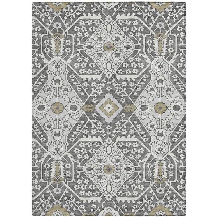 3' X 5' Charcoal Gray And Taupe Floral Washable Indoor Outdoor Area Rug