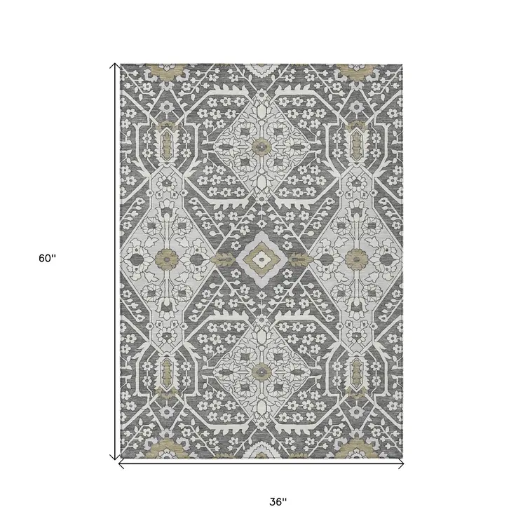 3' X 5' Charcoal Gray And Taupe Floral Washable Indoor Outdoor Area Rug