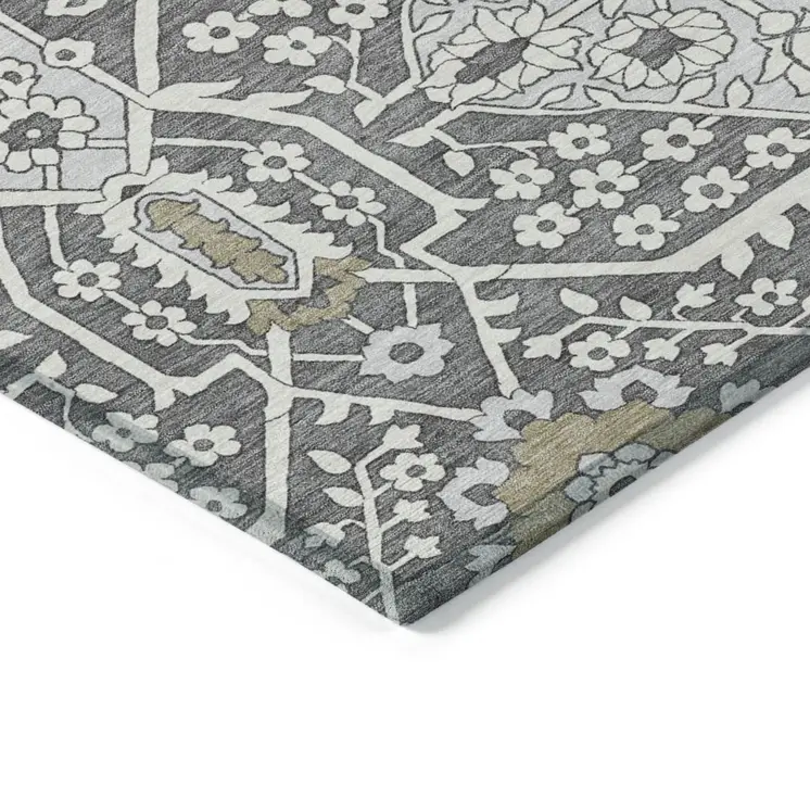3' X 5' Charcoal Gray And Taupe Floral Washable Indoor Outdoor Area Rug