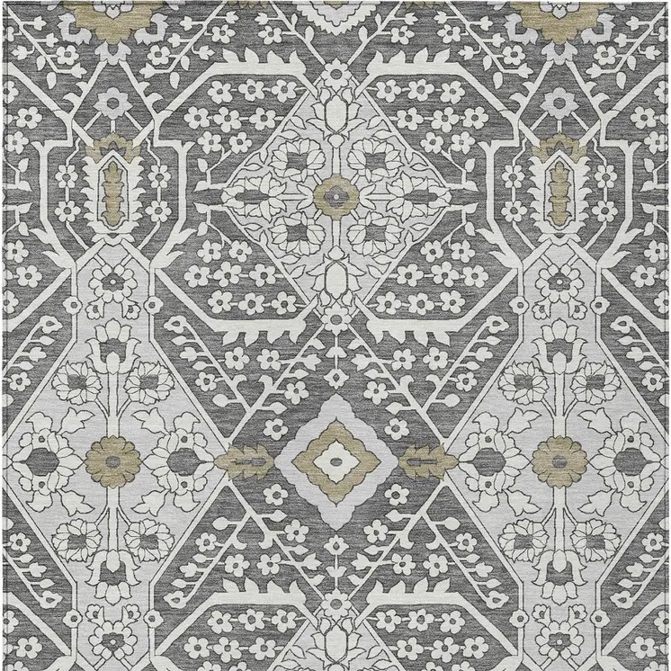 3' X 5' Charcoal Gray And Taupe Floral Washable Indoor Outdoor Area Rug
