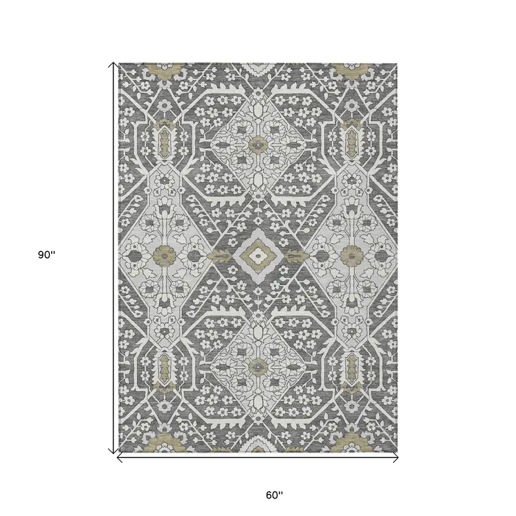 5' X 8' Charcoal Gray And Taupe Floral Washable Indoor Outdoor Area Rug