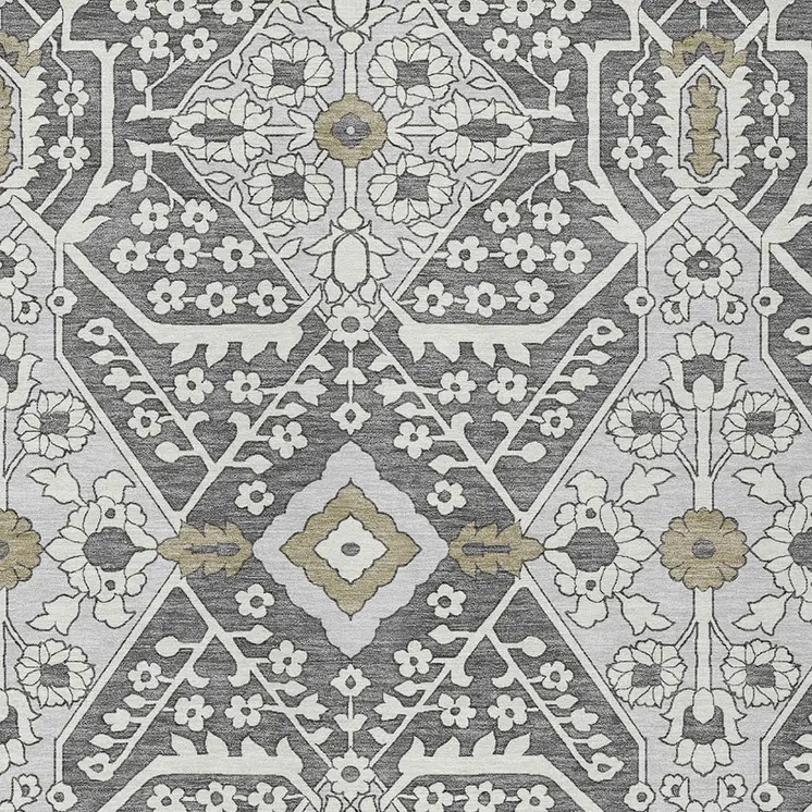 5' X 8' Charcoal Gray And Taupe Floral Washable Indoor Outdoor Area Rug