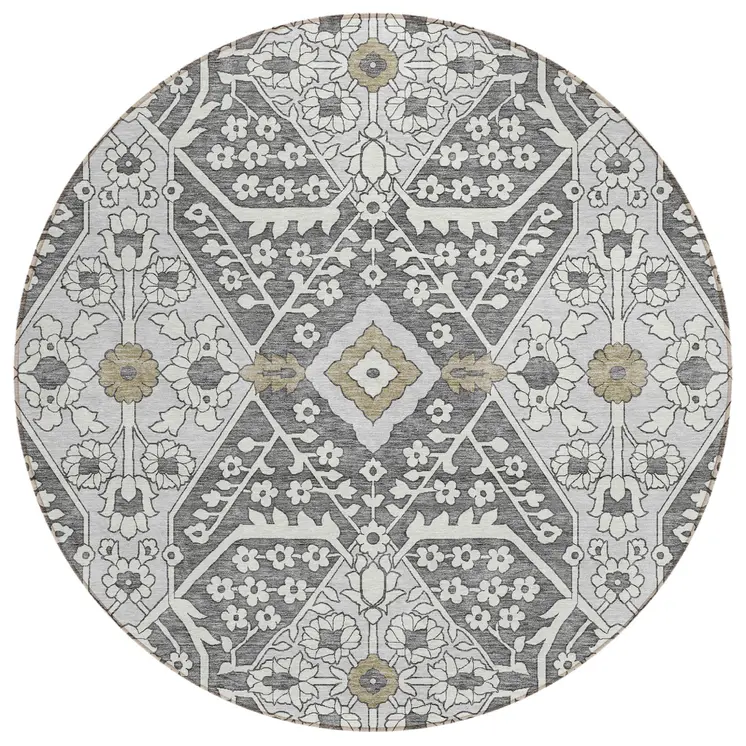 8' Charcoal Gray And Taupe Round Floral Washable Indoor Outdoor Area Rug