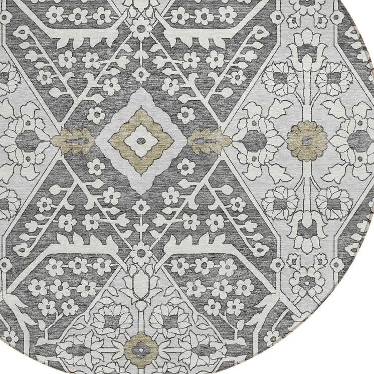 8' Charcoal Gray And Taupe Round Floral Washable Indoor Outdoor Area Rug