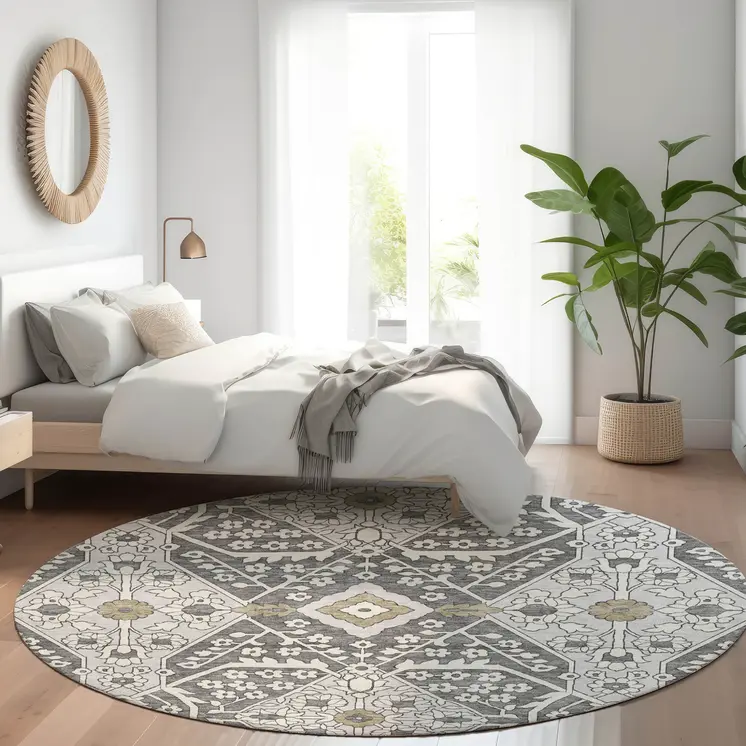 8' Charcoal Gray And Taupe Round Floral Washable Indoor Outdoor Area Rug