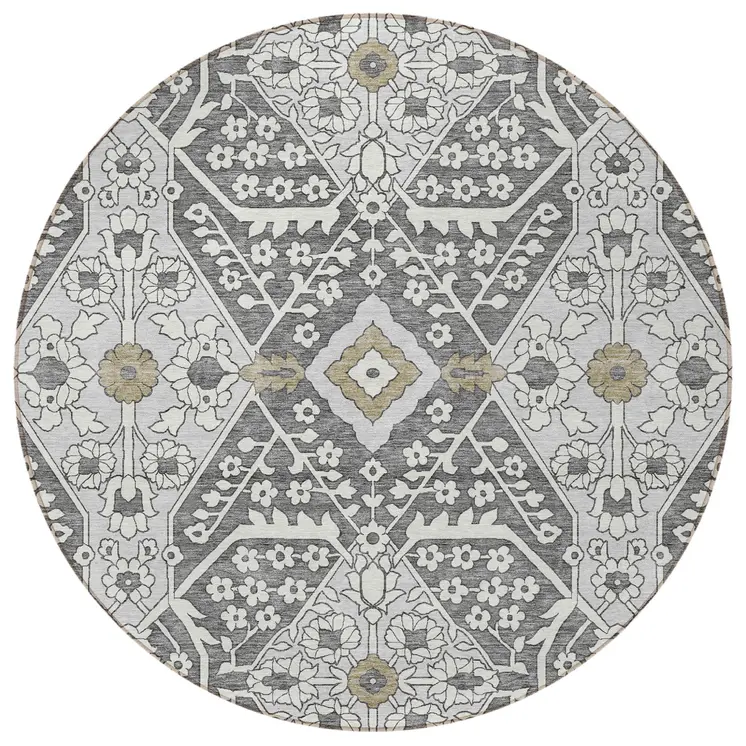 8' Charcoal Gray And Taupe Round Floral Washable Indoor Outdoor Area Rug