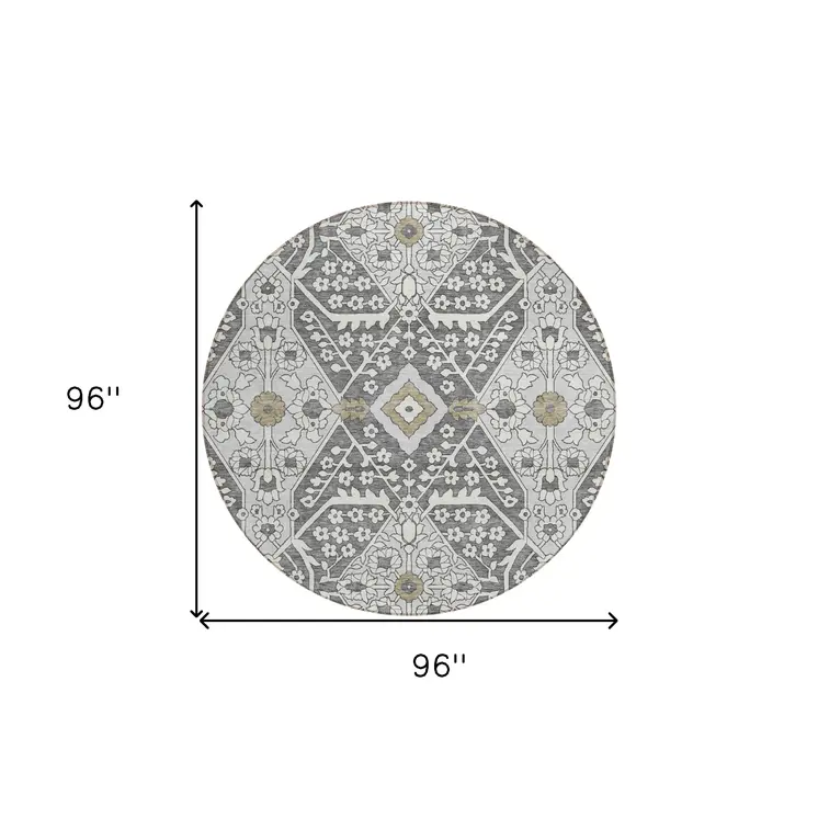 8' Charcoal Gray And Taupe Round Floral Washable Indoor Outdoor Area Rug