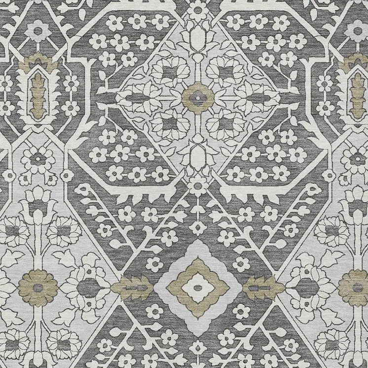 8' X 10' Charcoal Gray And Taupe Floral Washable Indoor Outdoor Area Rug