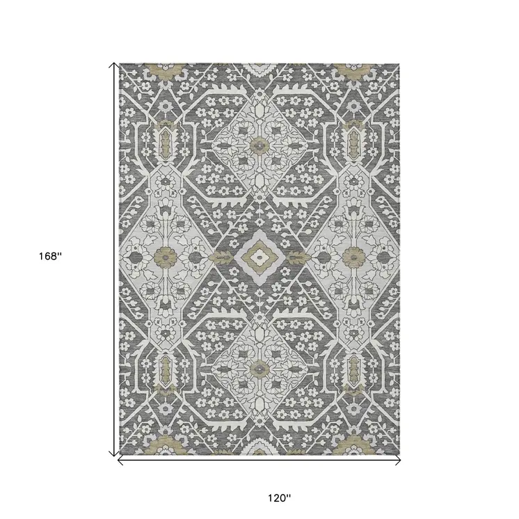 10' X 14' Charcoal Gray And Taupe Floral Washable Indoor Outdoor Area Rug