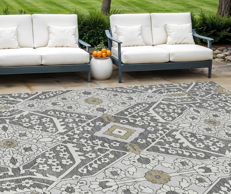 10' X 14' Charcoal Gray And Taupe Floral Washable Indoor Outdoor Area Rug