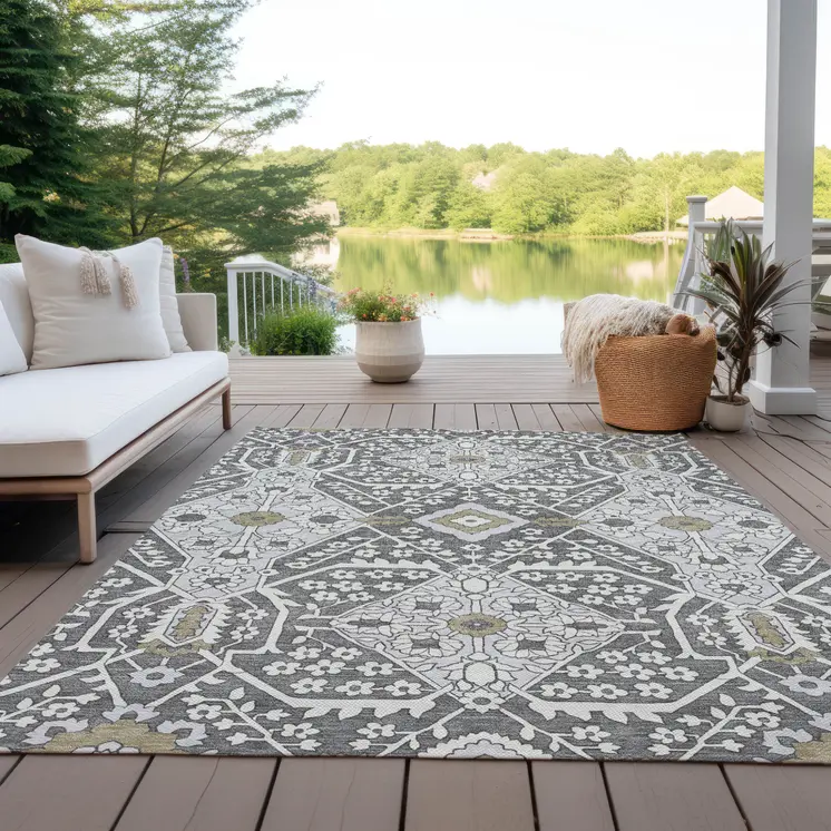 10' X 14' Charcoal Gray And Taupe Floral Washable Indoor Outdoor Area Rug