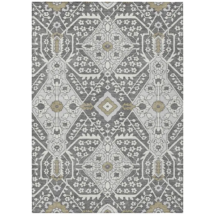 10' X 14' Charcoal Gray And Taupe Floral Washable Indoor Outdoor Area Rug