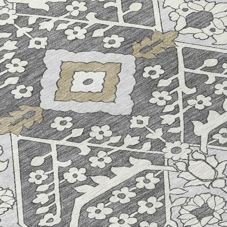 10' X 14' Charcoal Gray And Taupe Floral Washable Indoor Outdoor Area Rug
