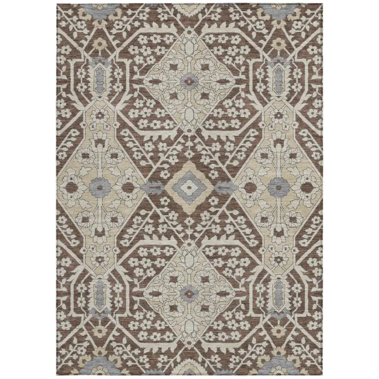 3' X 5' Chocolate Gray And Beige Floral Washable Indoor Outdoor Area Rug