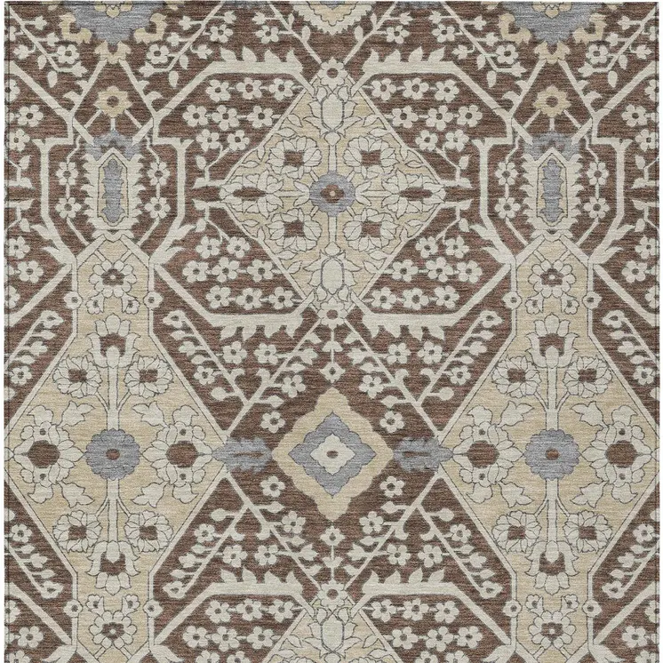 3' X 5' Chocolate Gray And Beige Floral Washable Indoor Outdoor Area Rug