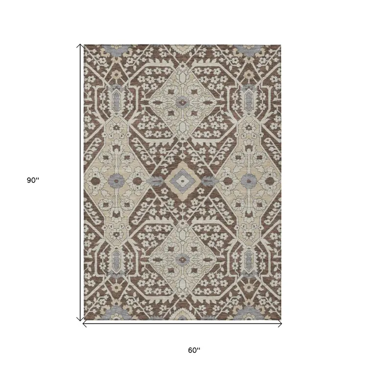 5' X 8' Chocolate Gray And Beige Floral Washable Indoor Outdoor Area Rug