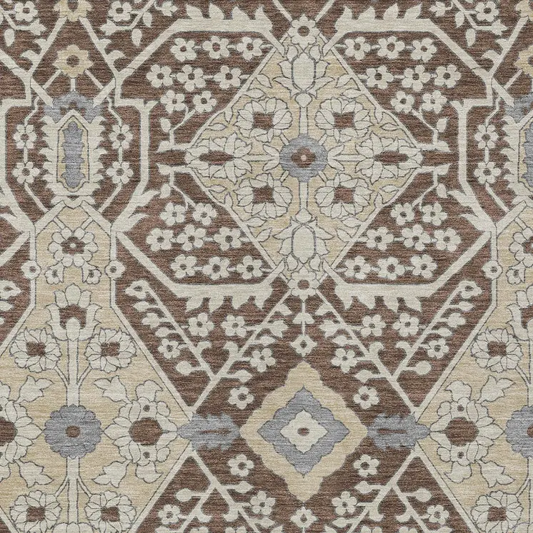 5' X 8' Chocolate Gray And Beige Floral Washable Indoor Outdoor Area Rug