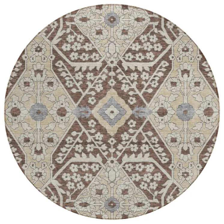 8' Chocolate Gray And Beige Round Floral Washable Indoor Outdoor Area Rug