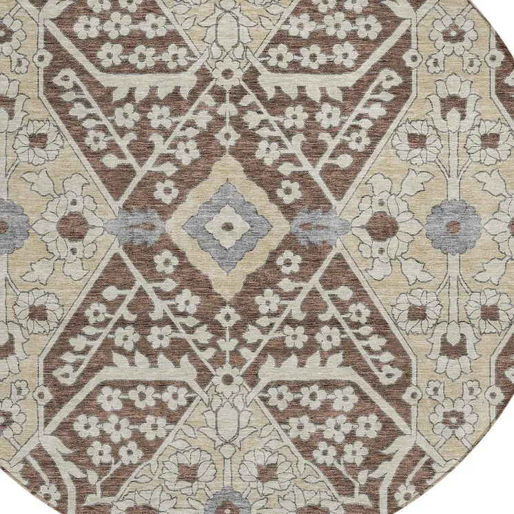 8' Chocolate Gray And Beige Round Floral Washable Indoor Outdoor Area Rug