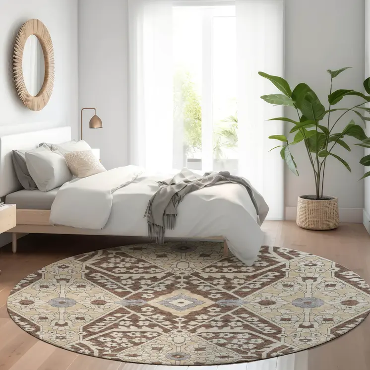 8' Chocolate Gray And Beige Round Floral Washable Indoor Outdoor Area Rug