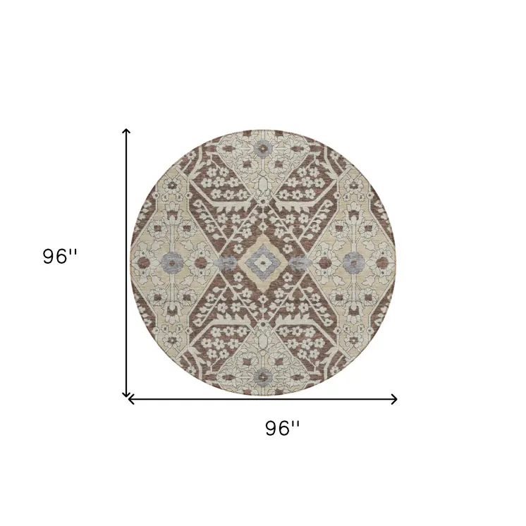 8' Chocolate Gray And Beige Round Floral Washable Indoor Outdoor Area Rug