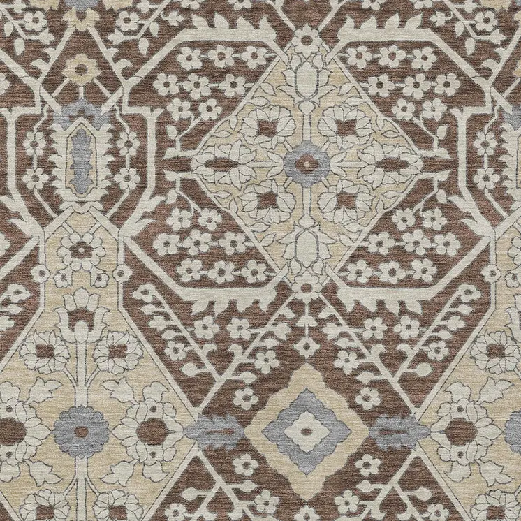 9' X 12' Chocolate Gray And Beige Floral Washable Indoor Outdoor Area Rug