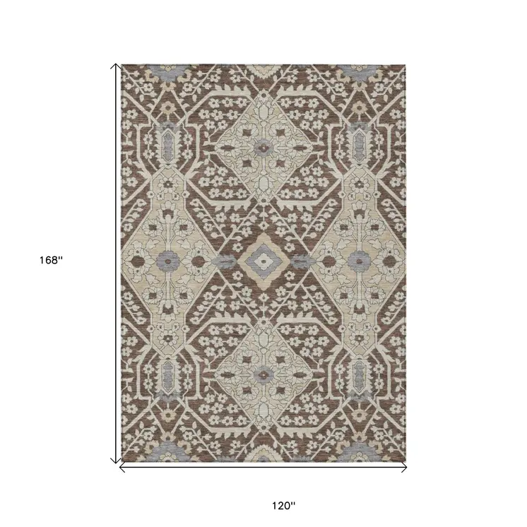 10' X 14' Chocolate Gray And Beige Floral Washable Indoor Outdoor Area Rug