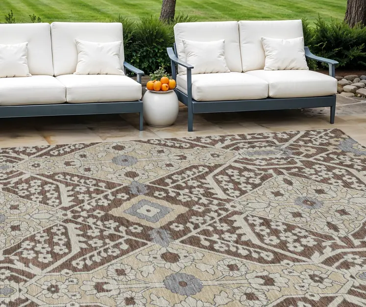 10' X 14' Chocolate Gray And Beige Floral Washable Indoor Outdoor Area Rug
