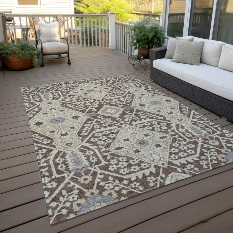 10' X 14' Chocolate Gray And Beige Floral Washable Indoor Outdoor Area Rug