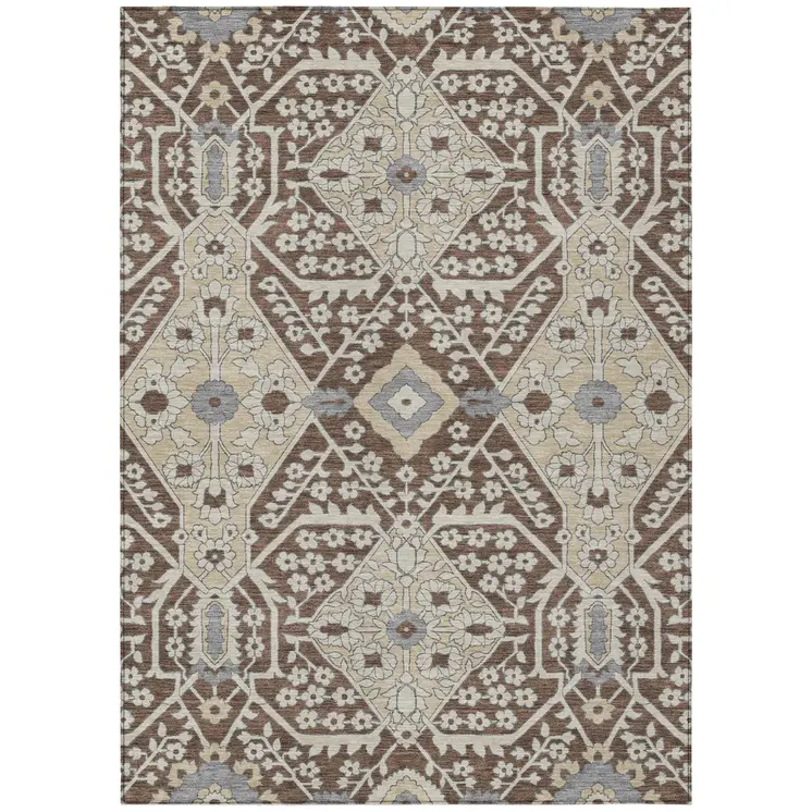 10' X 14' Chocolate Gray And Beige Floral Washable Indoor Outdoor Area Rug