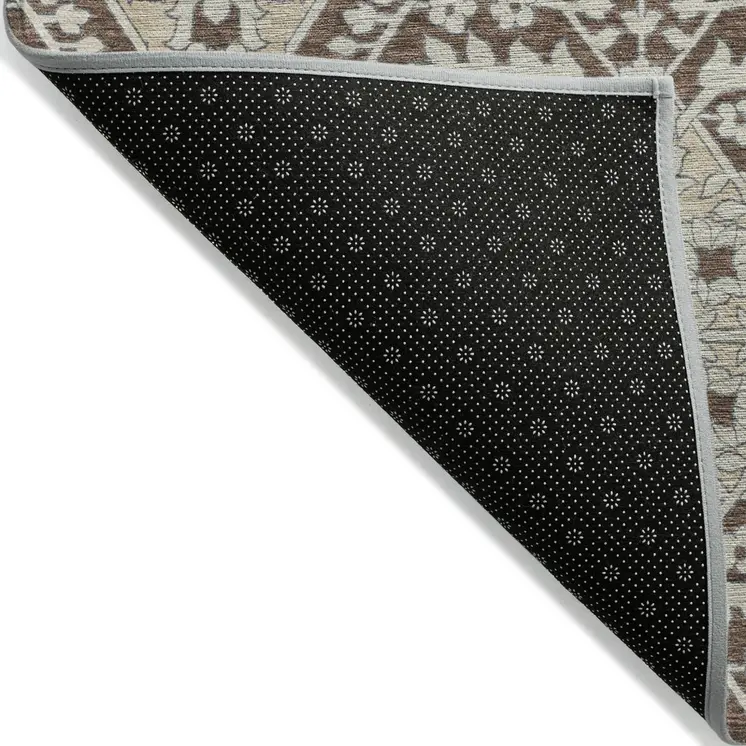 10' X 14' Chocolate Gray And Beige Floral Washable Indoor Outdoor Area Rug