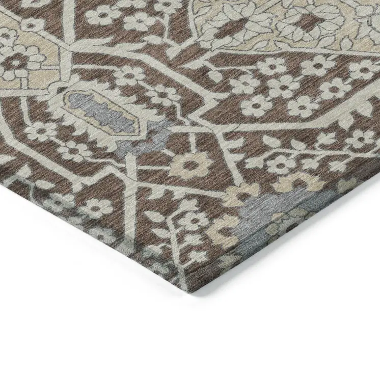 10' X 14' Chocolate Gray And Beige Floral Washable Indoor Outdoor Area Rug
