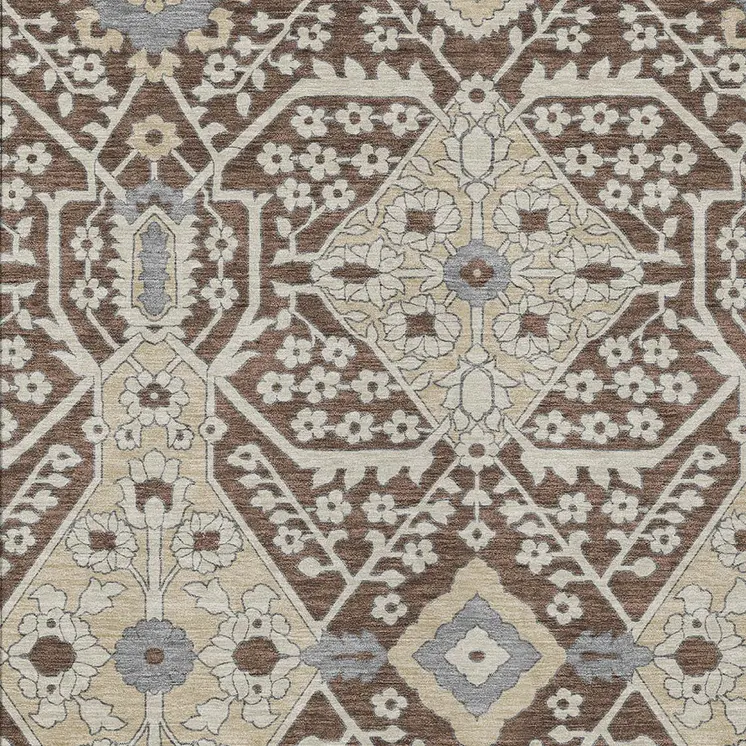 10' X 14' Chocolate Gray And Beige Floral Washable Indoor Outdoor Area Rug