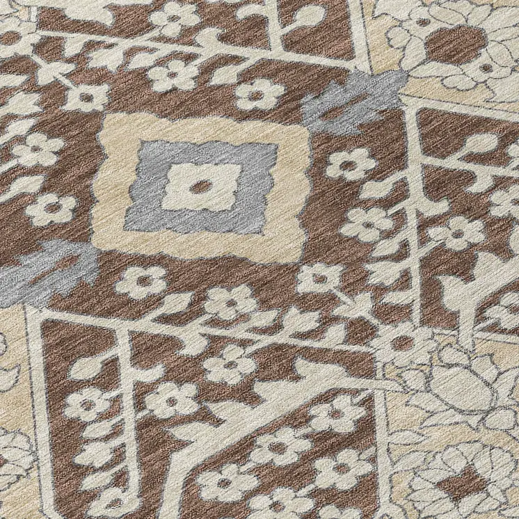 10' X 14' Chocolate Gray And Beige Floral Washable Indoor Outdoor Area Rug
