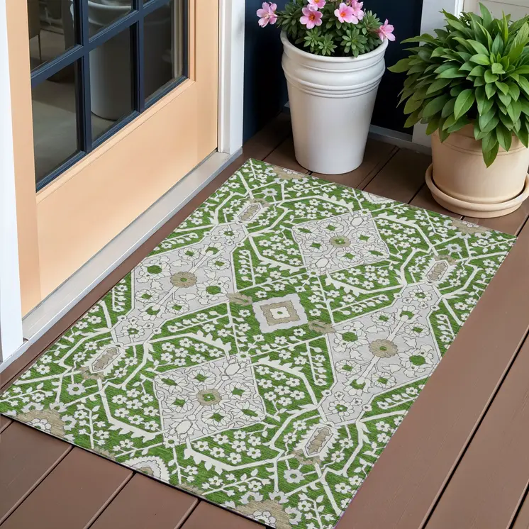 3' X 5' Green Gray And Taupe Floral Washable Indoor Outdoor Area Rug