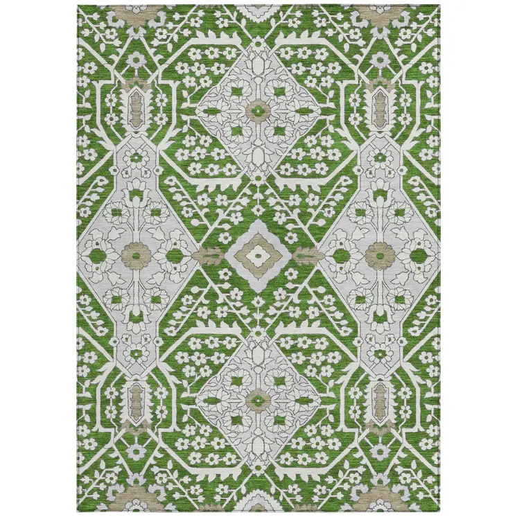 5' X 8' Green Gray And Taupe Floral Washable Indoor Outdoor Area Rug