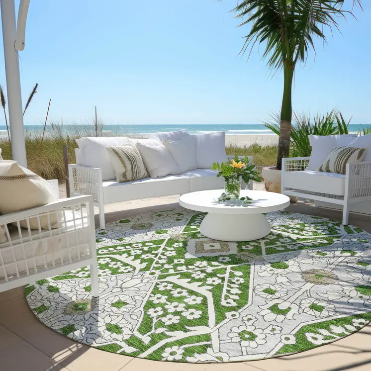 8' Green Gray And Taupe Round Floral Washable Indoor Outdoor Area Rug