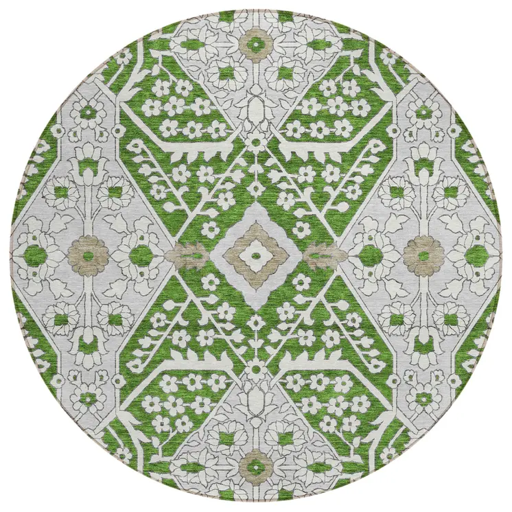 8' Green Gray And Taupe Round Floral Washable Indoor Outdoor Area Rug