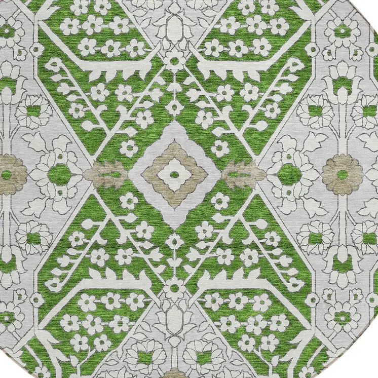 8' Green Gray And Taupe Round Floral Washable Indoor Outdoor Area Rug
