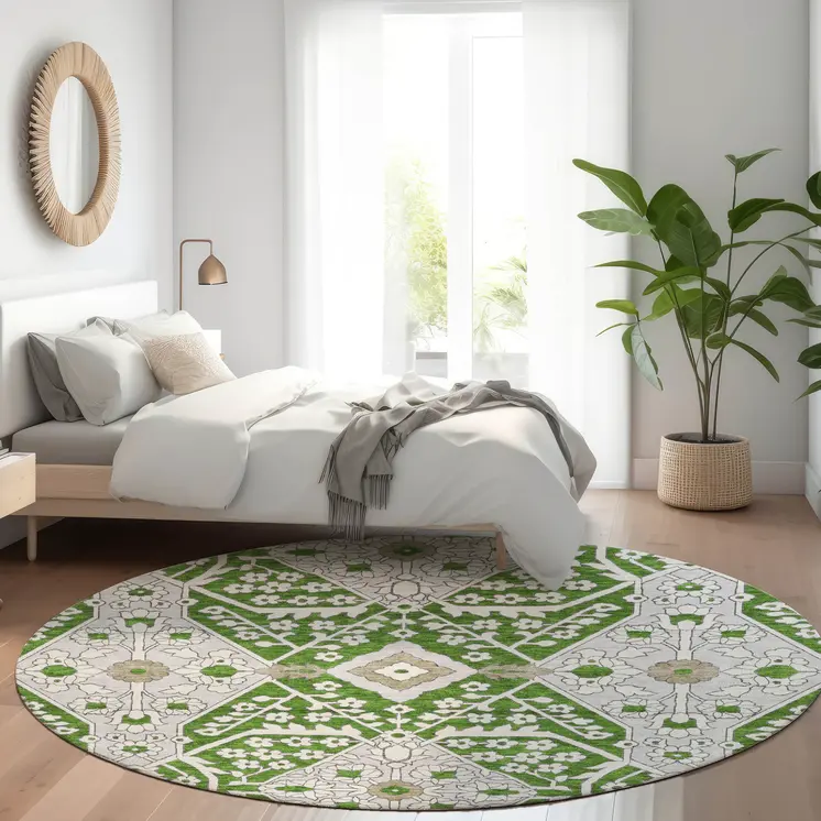 8' Green Gray And Taupe Round Floral Washable Indoor Outdoor Area Rug