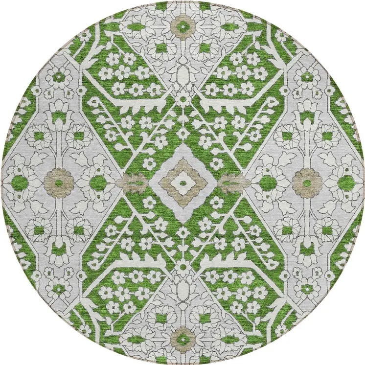 8' Green Gray And Taupe Round Floral Washable Indoor Outdoor Area Rug