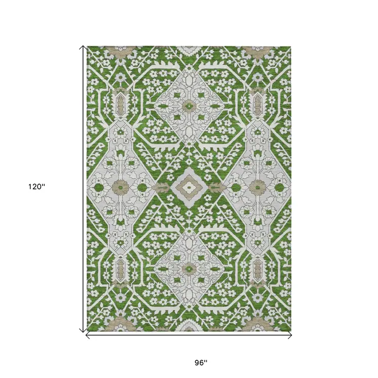 8' X 10' Green Gray And Taupe Floral Washable Indoor Outdoor Area Rug