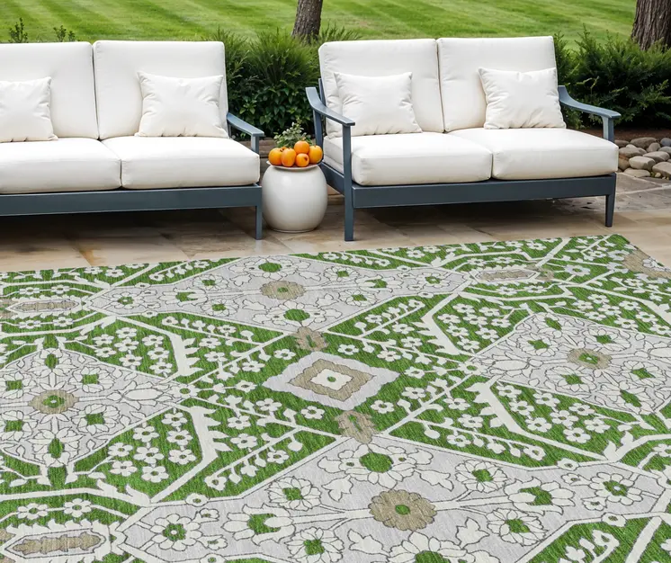 8' X 10' Green Gray And Taupe Floral Washable Indoor Outdoor Area Rug