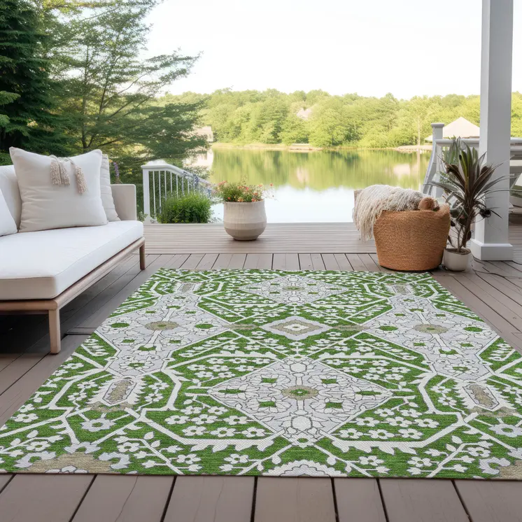 8' X 10' Green Gray And Taupe Floral Washable Indoor Outdoor Area Rug