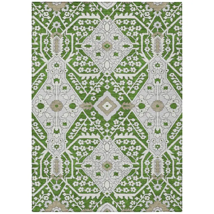 8' X 10' Green Gray And Taupe Floral Washable Indoor Outdoor Area Rug