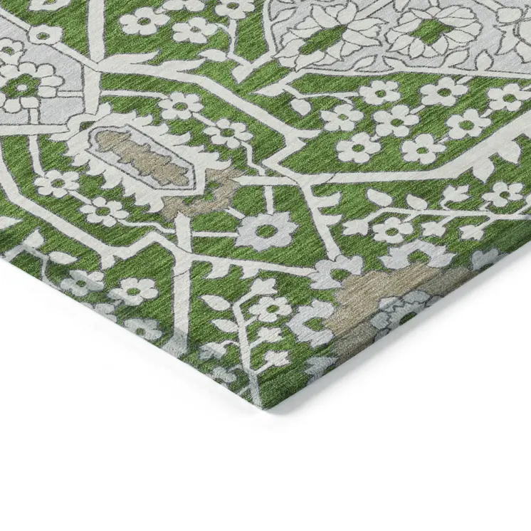 8' X 10' Green Gray And Taupe Floral Washable Indoor Outdoor Area Rug