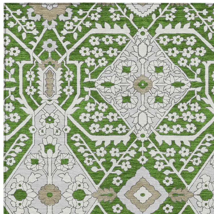 8' X 10' Green Gray And Taupe Floral Washable Indoor Outdoor Area Rug