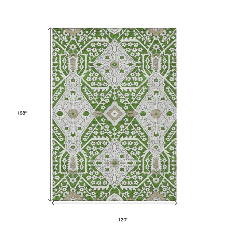 10' X 14' Green Gray And Taupe Floral Washable Indoor Outdoor Area Rug