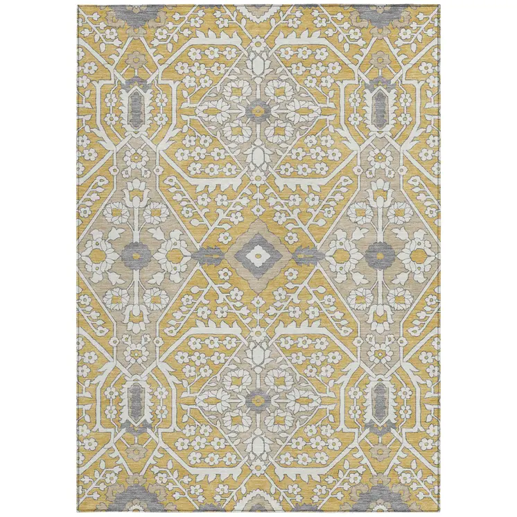 3' X 5' Gold Ivory And Gray Floral Washable Indoor Outdoor Area Rug